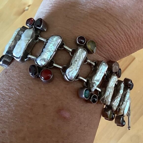 Sterling SILVER 925 MOTHER OF PEARL/MULTICOLOR GEMSTONE GORGEOUS BRACELET - Picture 3 of 8